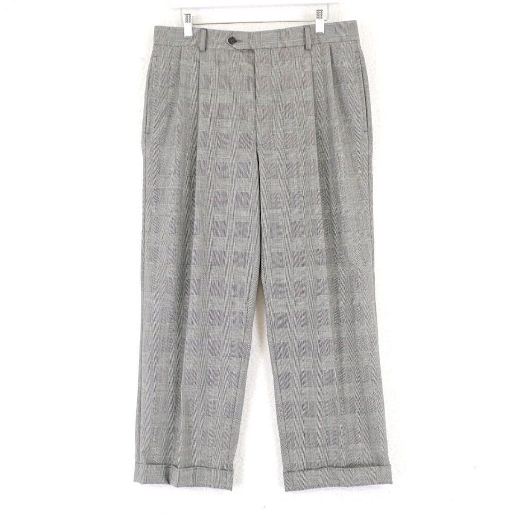 Jos A Bank Glen Plaid Gray Wool W/ Red Windopane 34/26 Dress Pants Pleated Mid R